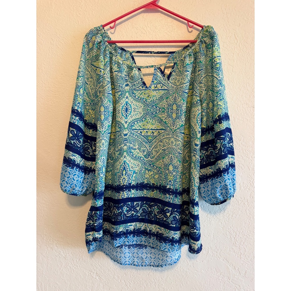 Misia Blue Paisley Floral Balloon Sleeve V-Neck Blouse KT263 Medium